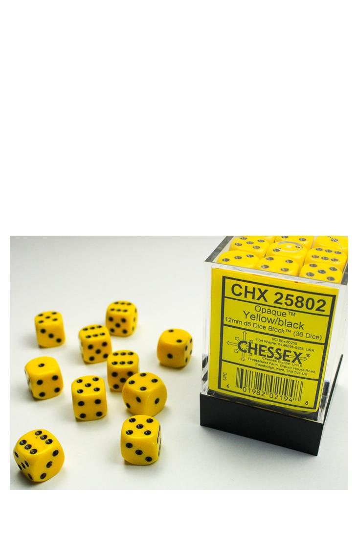 Chessex - 36er-Pack 12mm D6 Würfel - Gelb - Schwarz