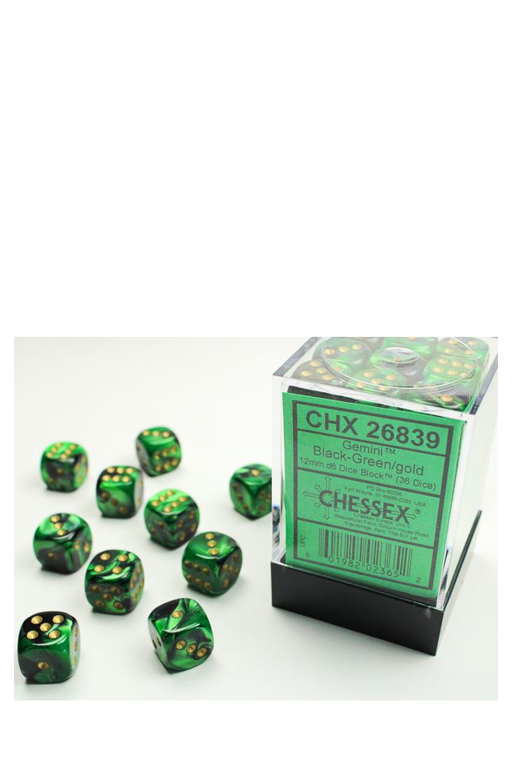 Chessex - 36er-Pack 12mm D6 Würfel - Gemini Black-Green - Gold