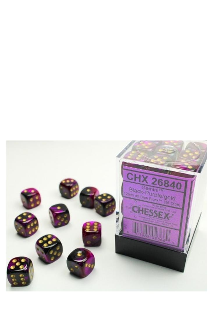 Chessex - 36er-Pack 12mm D6 Würfel - Gemini Black-Purple - Gold