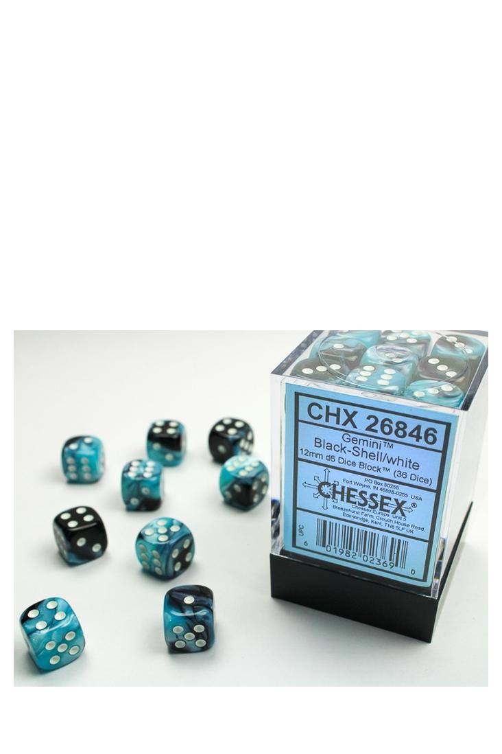 Chessex - 36er-Pack 12mm D6 Würfel - Gemini Black-Shell - White