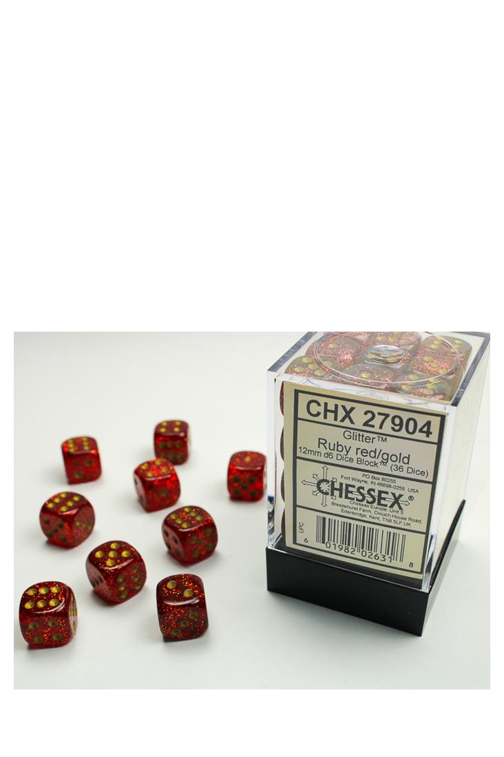 Chessex - 36er-Pack 12mm D6 Würfel - Glitter Ruby - Gold