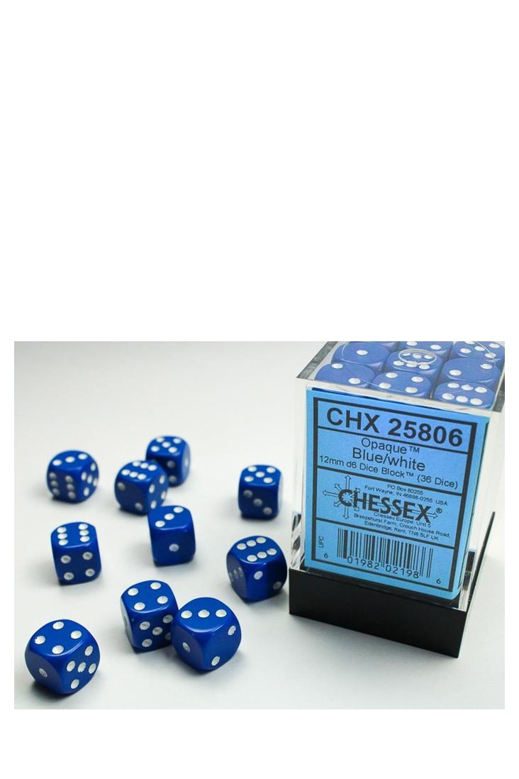Chessex - 36er-Pack 12mm D6 Würfel - Blau - Weiss