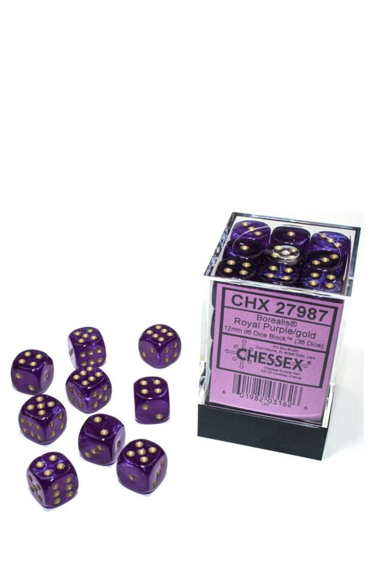 Chessex - 36er-Pack 12mm D6 Würfel - Borealis Royal Purple - Gold Luminary