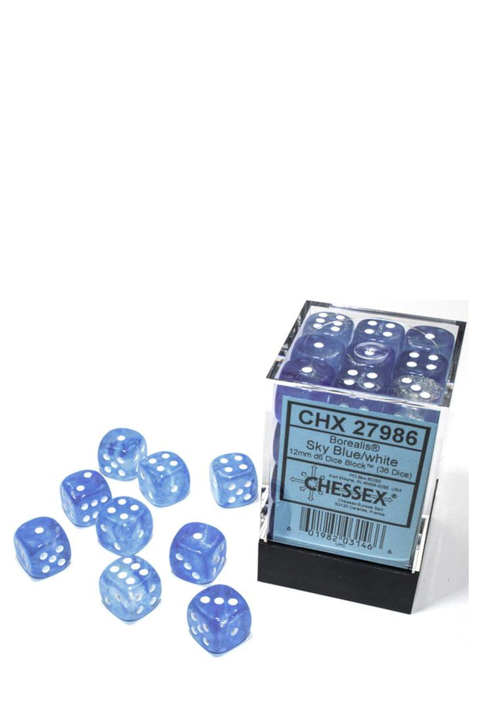 Chessex - 36er-Pack 12mm D6 Würfel - Borealis Sky Blue - White