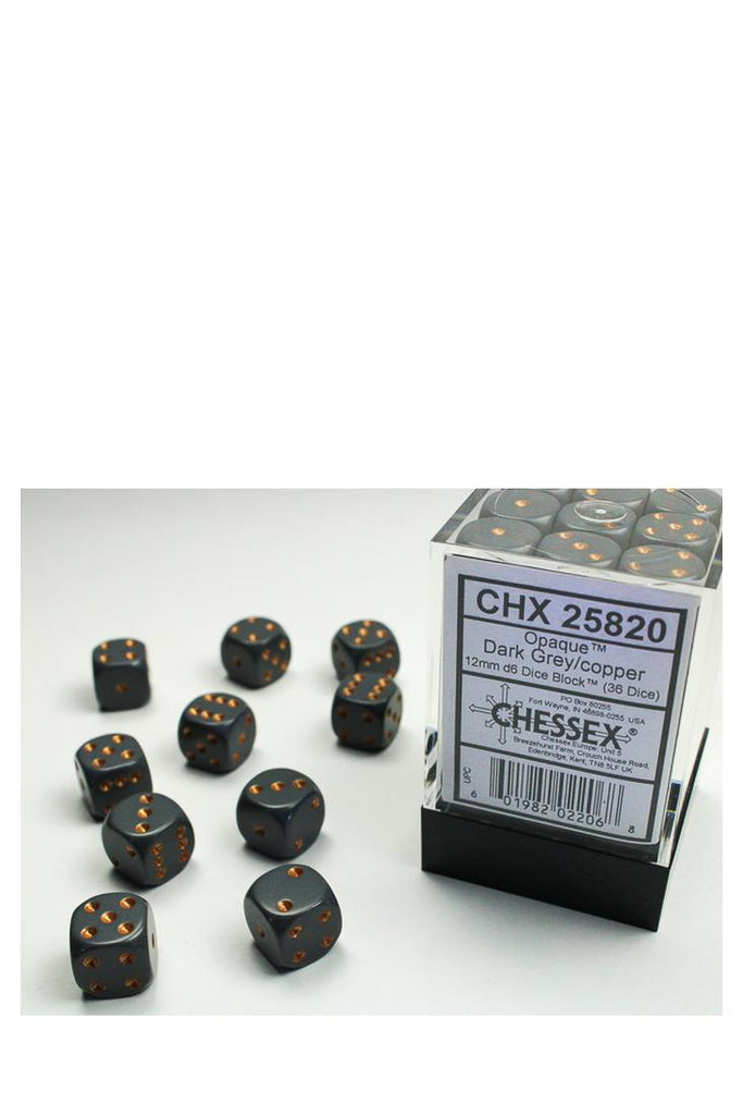 Chessex - 36er-Pack 12mm D6 Würfel - Dunkelgrau - Kupfer