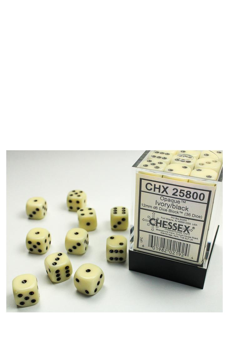Chessex - 36er-Pack 12mm D6 Würfel - Elfenbeinfarben - Schwarz