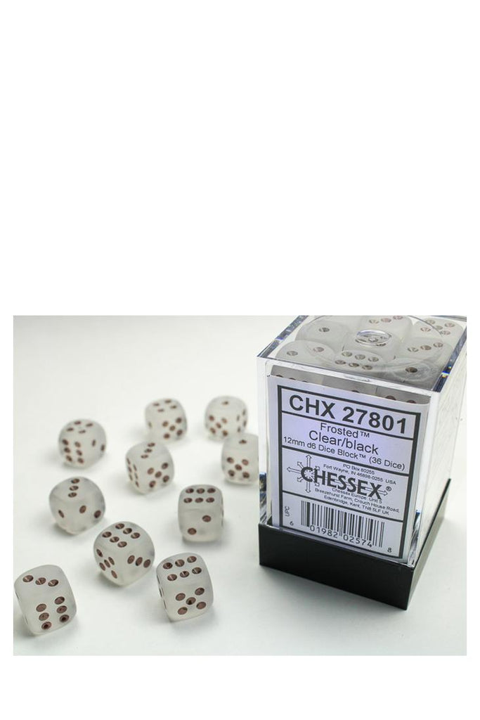 Chessex - 36er-Pack 12mm D6 Würfel - Frosted Clear - Black