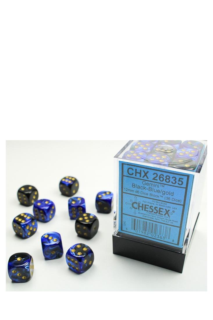Chessex - 36er-Pack 12mm D6 Würfel - Gemini Black-Blue - Gold