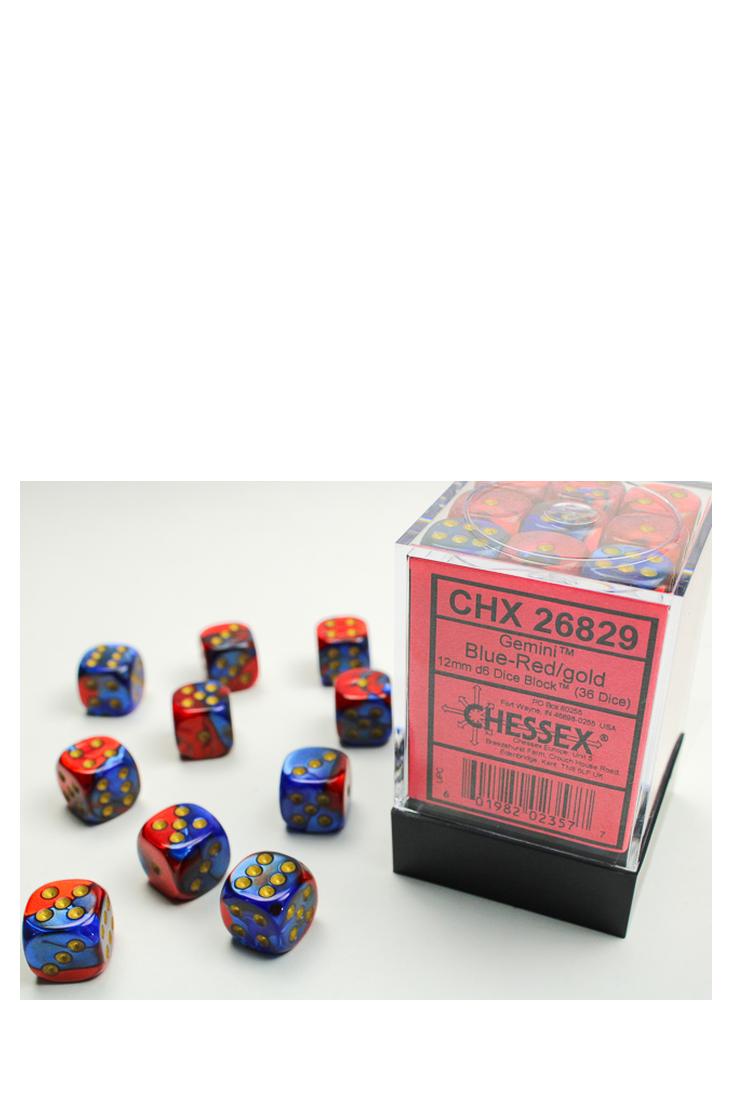 Chessex - 36er-Pack 12mm D6 Würfel - Gemini Blue-Red - Gold