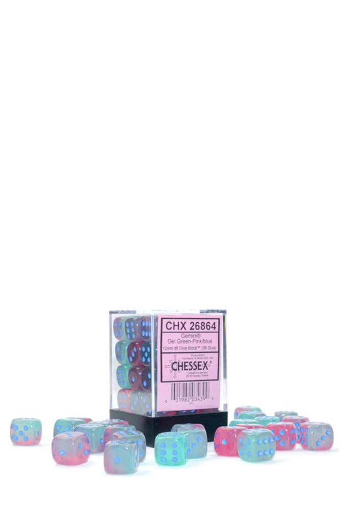 Chessex - 36er-Pack 12mm D6 Würfel - Gemini Gel Green-Pink - Blue Luminary