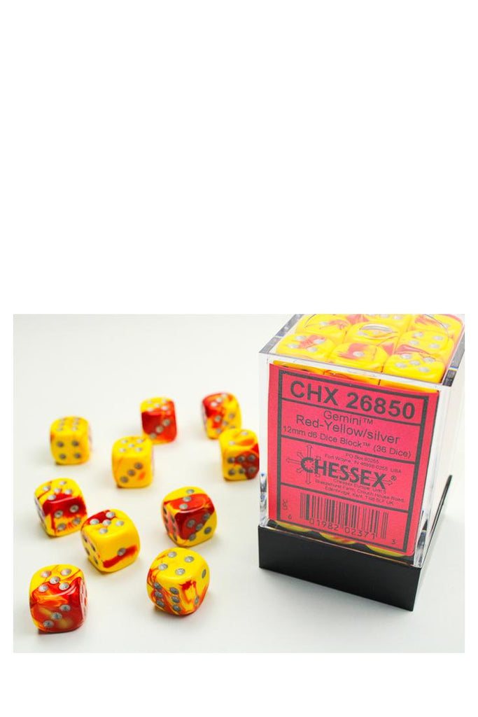 Chessex - 36er-Pack 12mm D6 Würfel - Gemini Red-Yellow - Silver