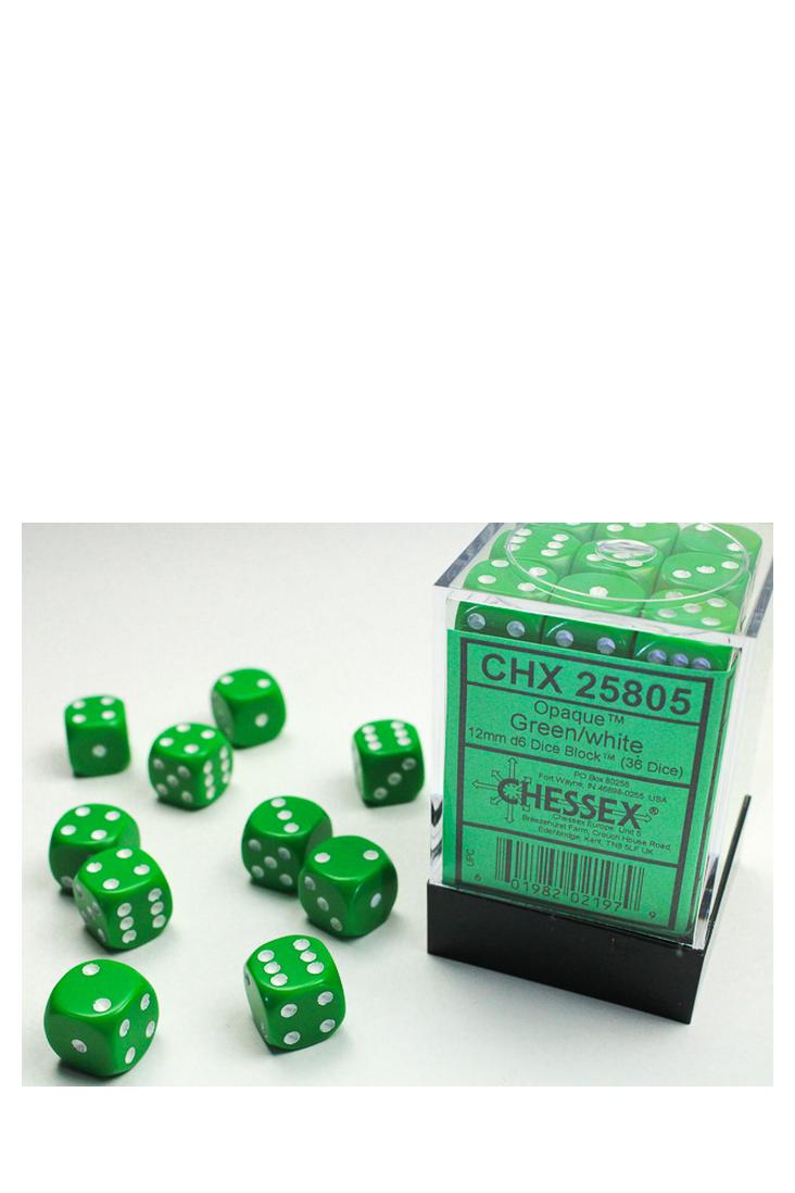 Chessex - 36er-Pack 12mm D6 Würfel - Grün - Weiss