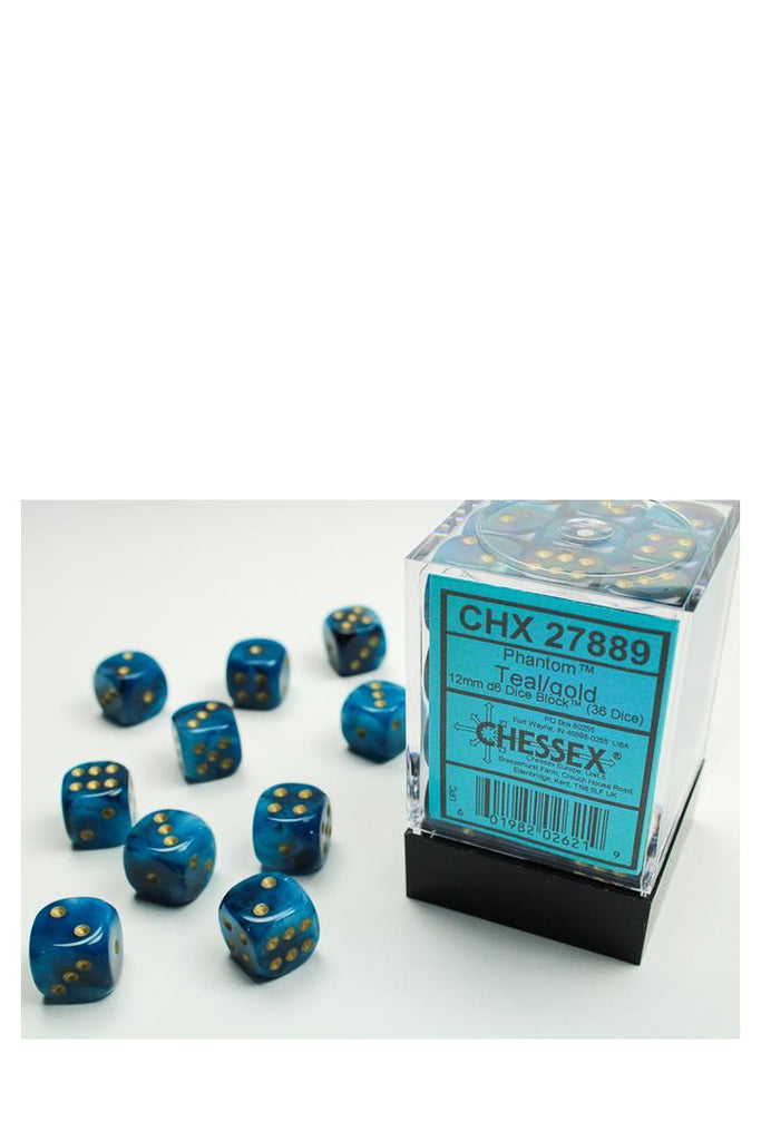 Chessex - 36er-Pack 12mm D6 Würfel - Phantom Teal - Gold