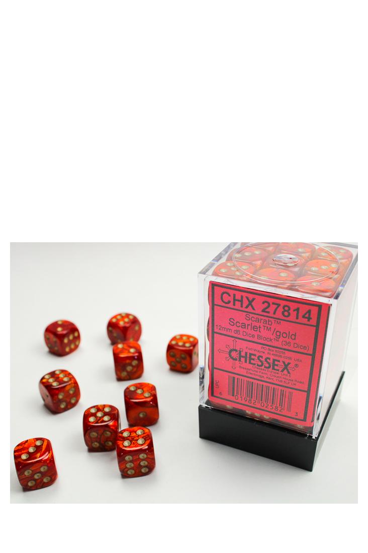 Chessex - 36er-Pack 12mm D6 Würfel - Scarab Scarlet - Gold