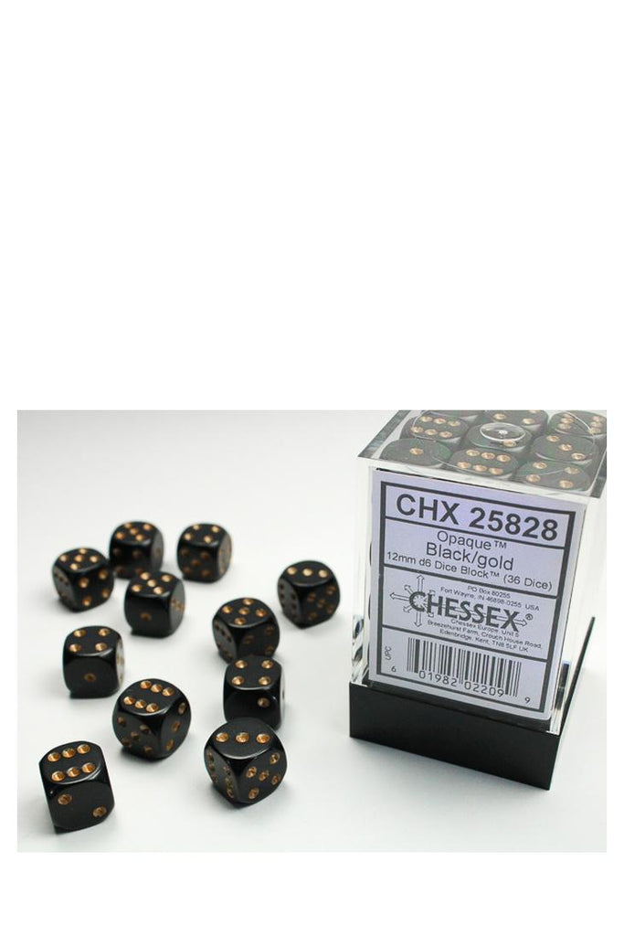 Chessex - 36er-Pack 12mm D6 Würfel - Schwarz - Gold