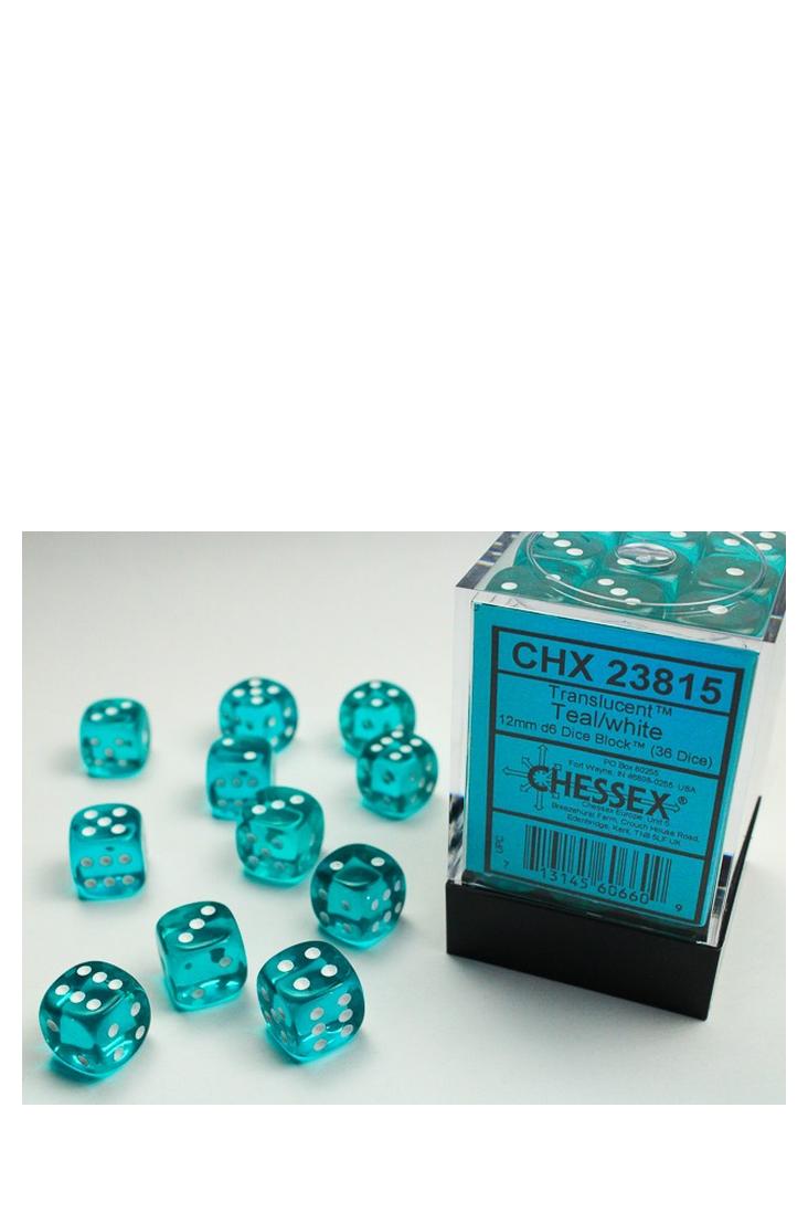 Chessex - 36er-Pack 12mm D6 Würfel - Translucent Teal - White