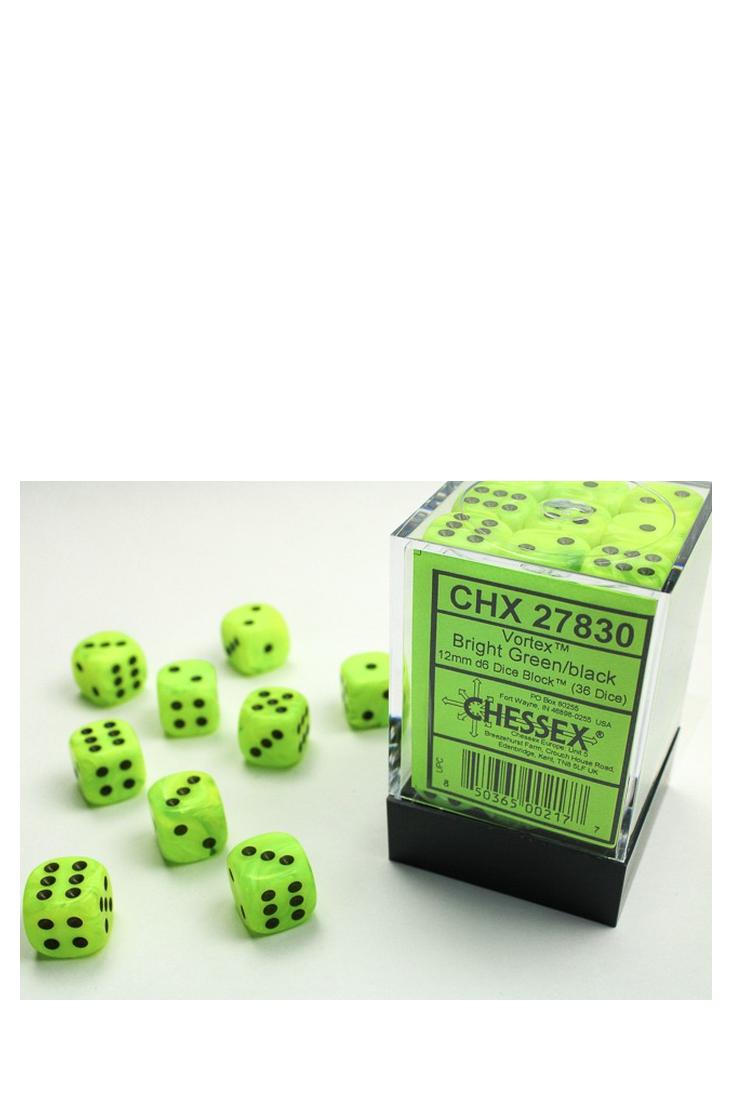 Chessex - 36er-Pack 12mm D6 Würfel - Vortex Bright Green - Black