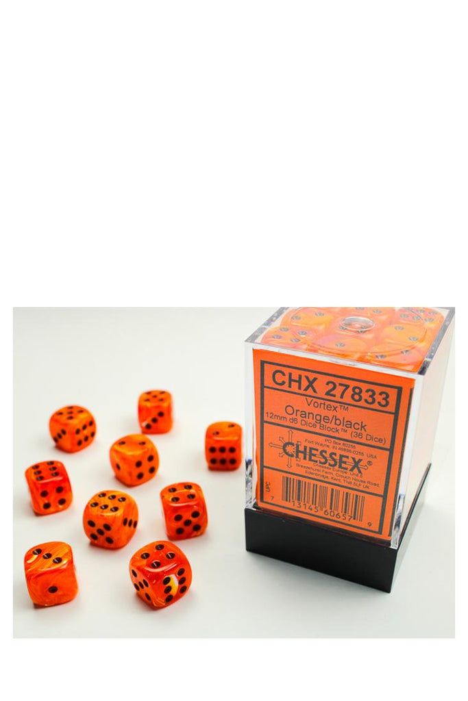 Chessex - 36er-Pack 12mm D6 Würfel - Vortex Orange - Black